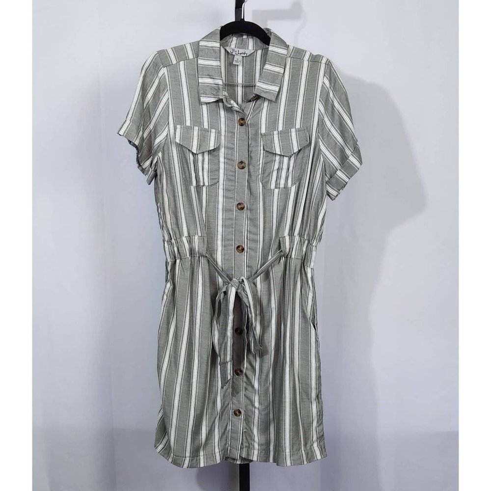 J for Justify | Women's Button-Down Shirt Dress, Grey & White Stripe, Size S